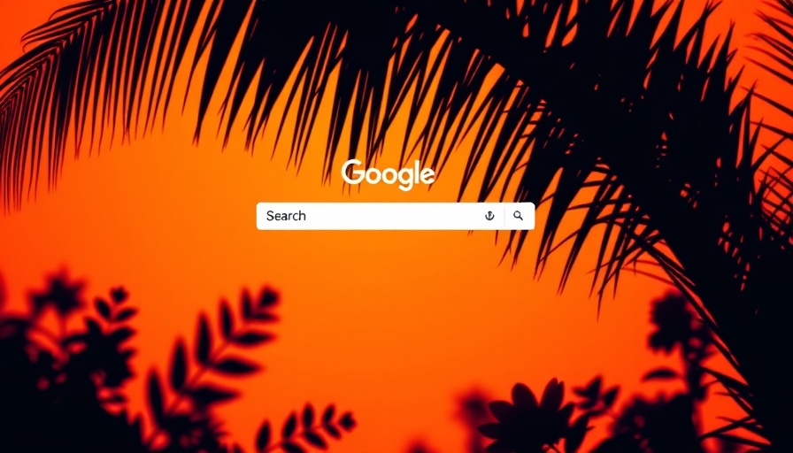 Bright orange silhouette with floral shadows and search bar.