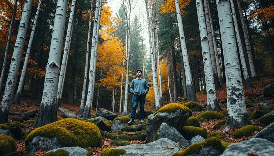 Man in birch forest of the taiga gazing upwards.