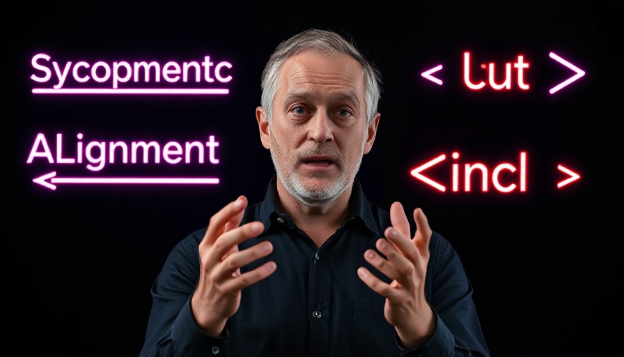 Man discussing AI concepts with neon text on screen.