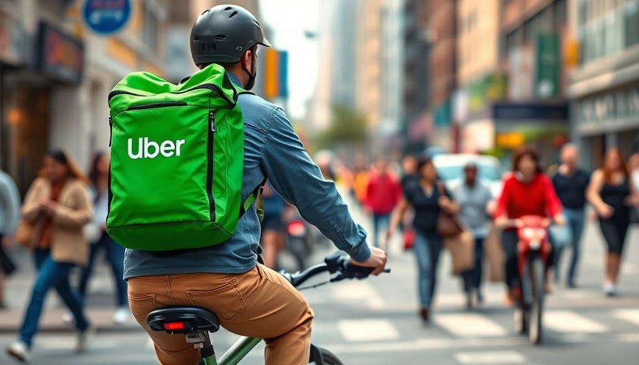 Delivery cyclist with Uber Eats bag in busy city street, South Africa.