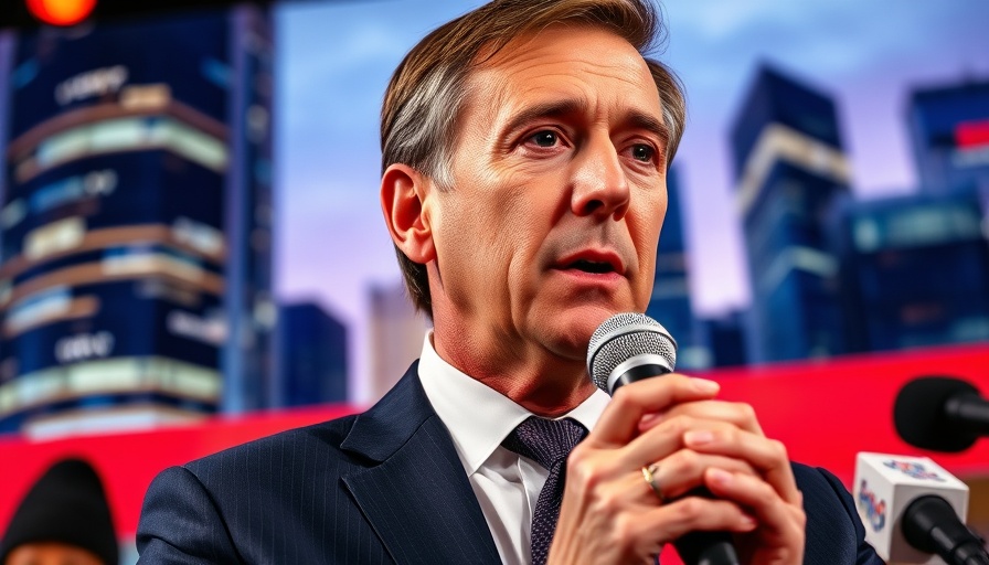 Politician discussing potential alliance for strikes on Iran, cityscape backdrop.