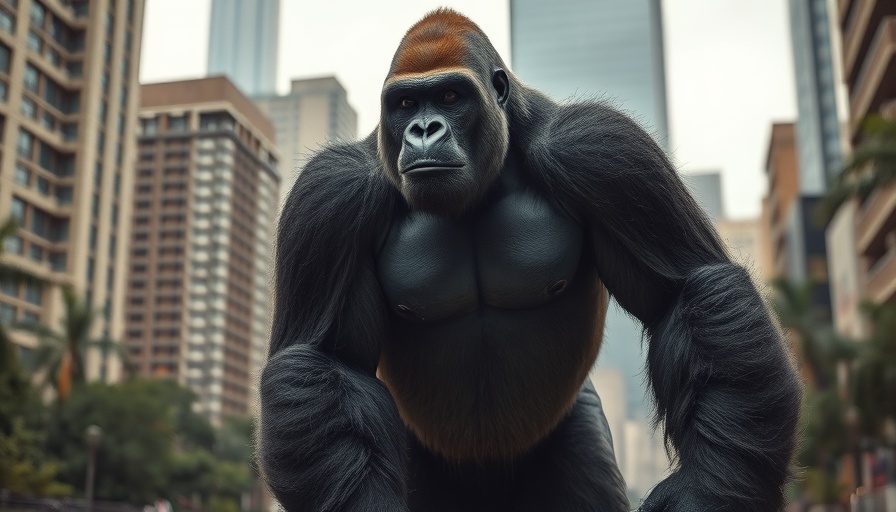 Giant gorilla in an urban setting photorealistic lifelike image.
