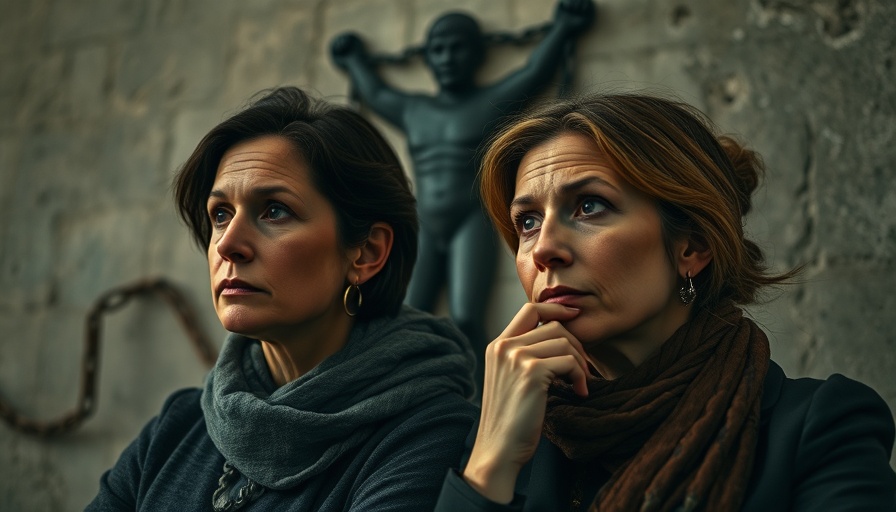Reflective women in front of symbolic wall representing Yazidi genocide aftermath.
