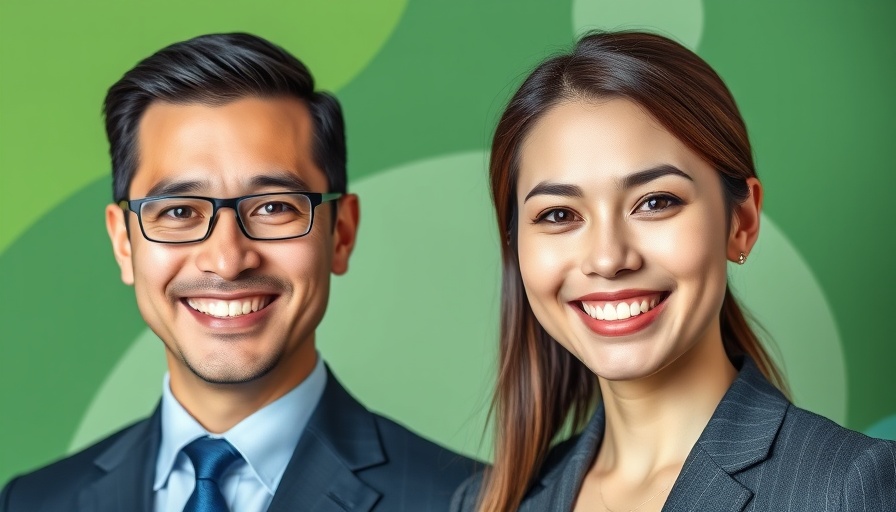 Professional portrait of two smiling individuals against a green background.