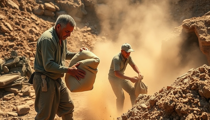 Workers laboring at dusty cobalt mine site, child labor concerns.