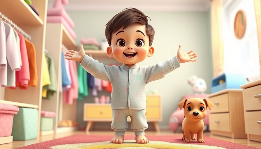 Young child interacting with clothes in a colorful room, 3D Pixar style.