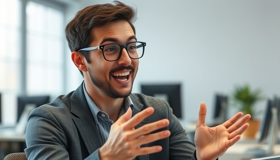 Enthusiastic employee in tech expressing sentiment in a modern office.