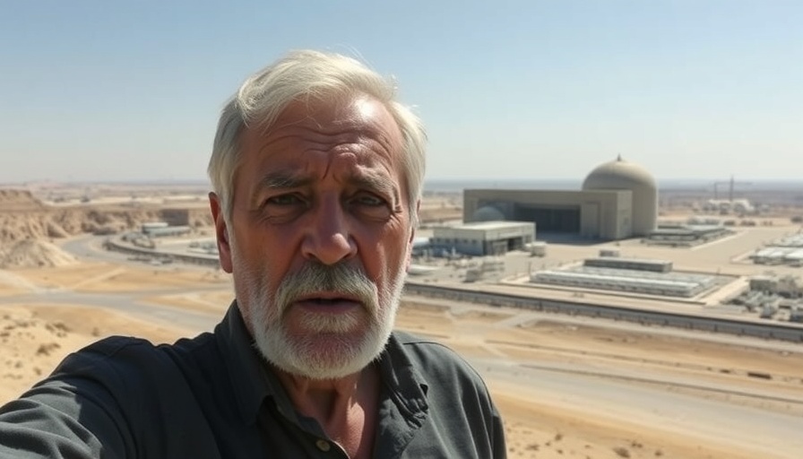 Bushehr nuclear safety concerns highlighted in aerial and portrait juxtaposition.
