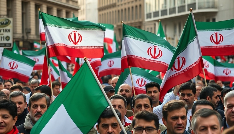 Iran protest against US and Israel, crowd with flags, focused expressions.