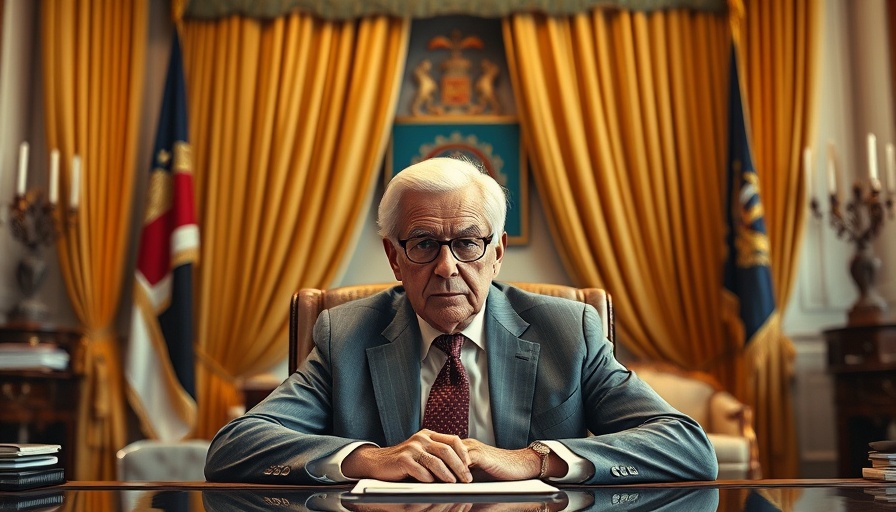 Serious older man in elegant office with golden drapes, contemplative.