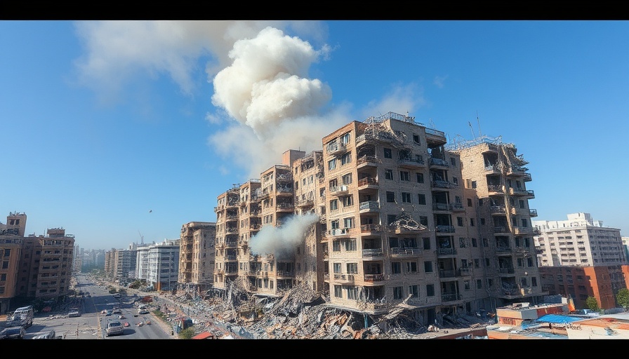 U.S. airstrikes on Iran impact on trade, depicting urban destruction.