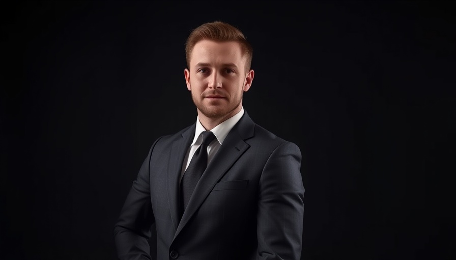 Confident man standing in a suit, symbolizing trust-first innovation in fintech.