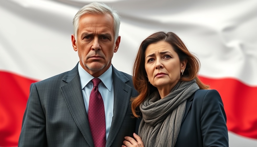 Poland's Political Shift: Serious man and family with Polish flag backdrop.