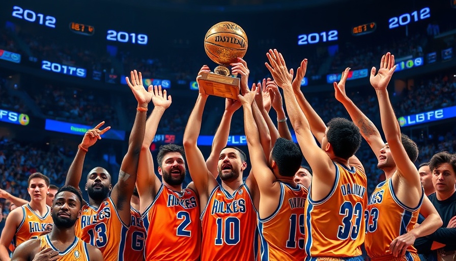 Energetic NBA team celebrating championship victory, vibrant blue stadium.