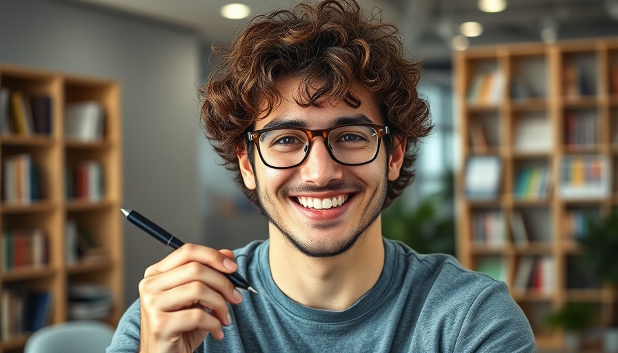 Young man smiling and holding pen, productivity and goal setting focus.