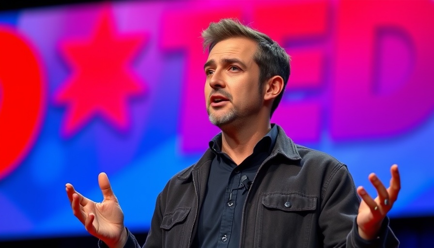 Confident speaker discussing video game communities at a TED-style event.