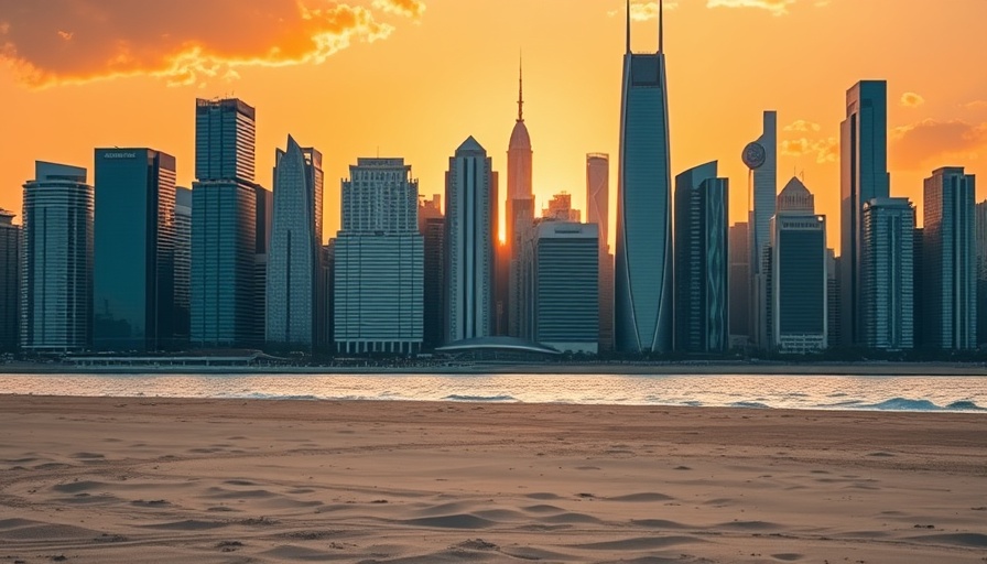 Modern skyline and beach at sunset representing wealth migration and trade.