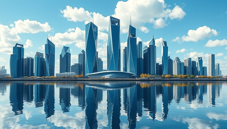 Futuristic skyline reflecting in water for AI for business theme.