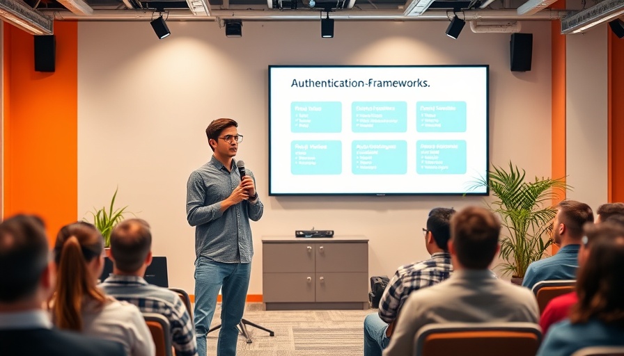 Young developer presenting authentication tool at tech conference.