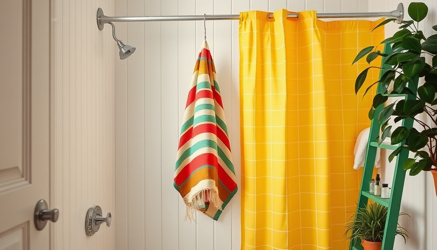 Retro bathroom with colorful towel and plant decor.