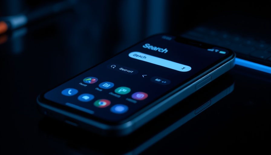Sleek smartphone display showcasing search interface with neon glow