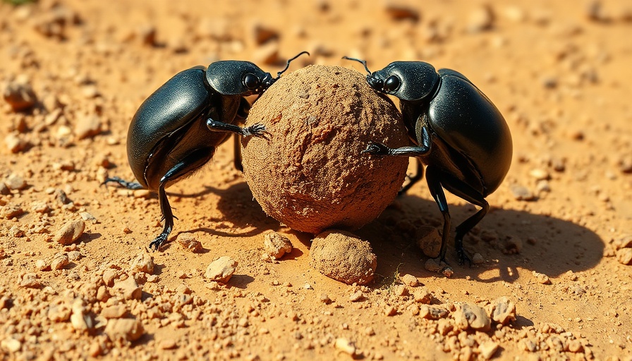 Dung beetles on African safari pushing dung ball