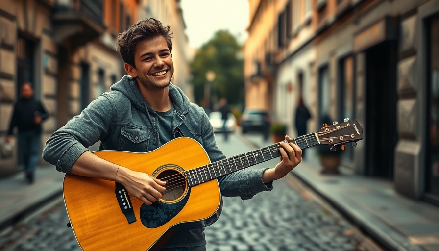 Young musician performing with guitar in a street scene for 'Why Ed Sheeran Started Painting'.