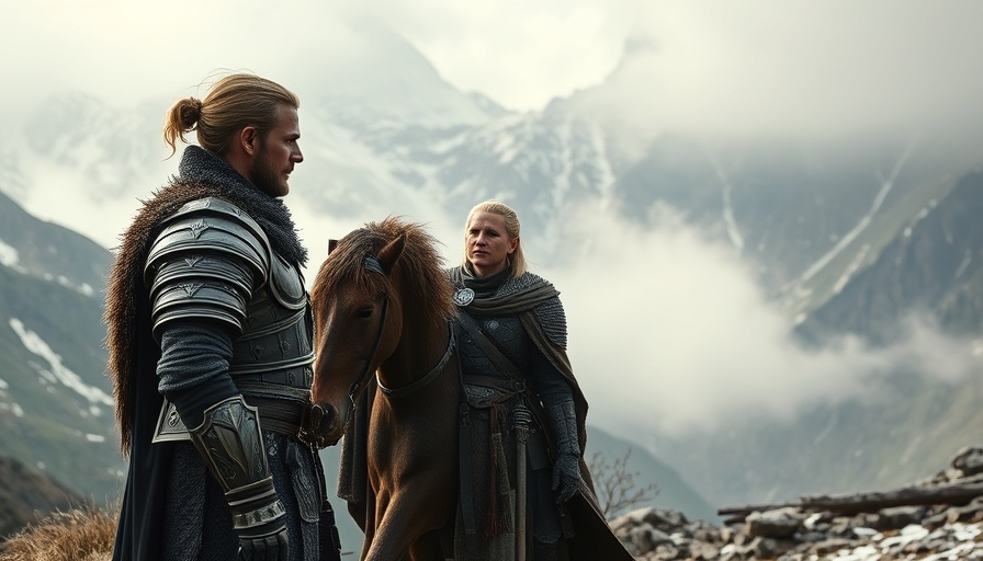 Creative development in videogaming: cinematic mountain scene with characters.