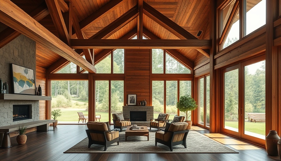 Modern rustic living room with panoramic green view, real estate renovation.