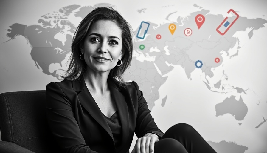 Confident woman with world map and pharmacy icons, healthtech transition.