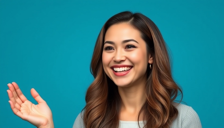 Smiling woman presenting information with a blue backdrop.