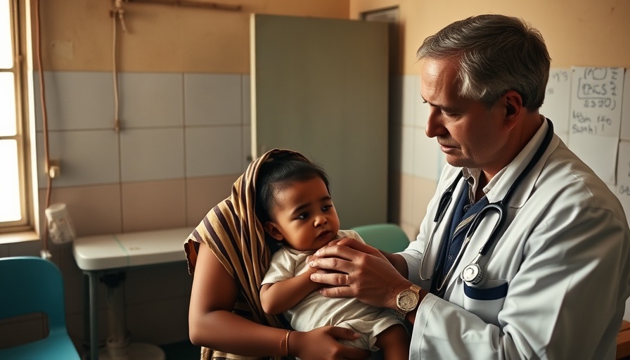 Haiti health crisis depicted with doctor and child.