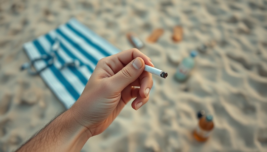 Hand holding a cigarette on a beach, related to France public smoking ban.