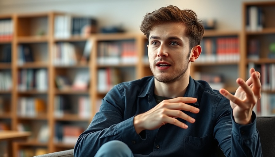 Young man explaining journaling benefits, soft indoor light.