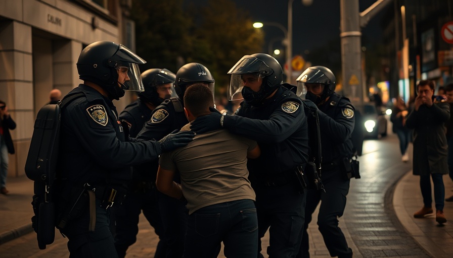 Serbia election protests showing police detaining protester at night.