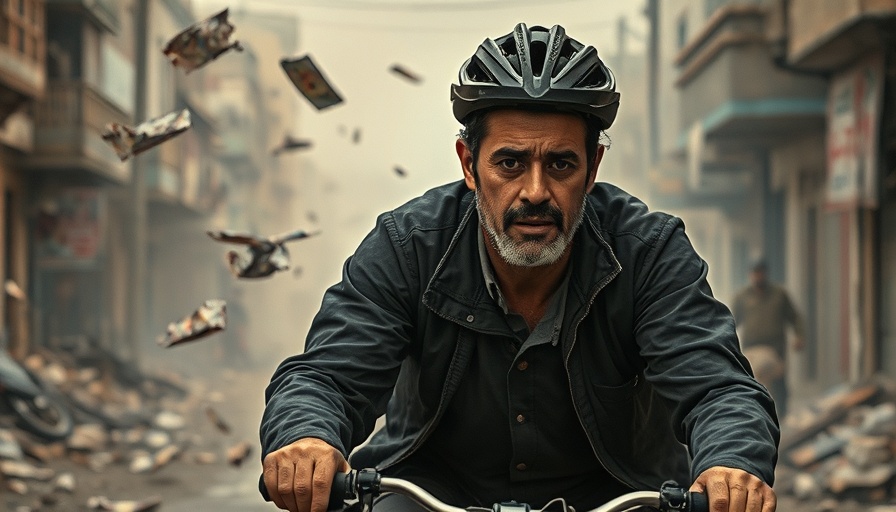 Palestinian cyclist attempts to evade debris in Gaza street amidst smoke.