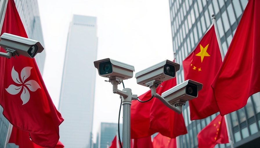 Surveillance cameras with Hong Kong and China flags.