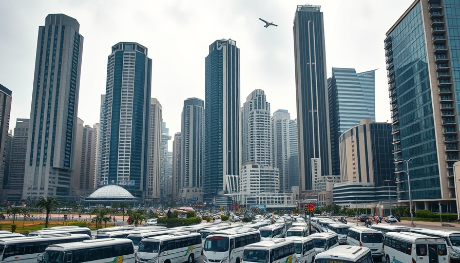 Bustling cityscape of Lagos with buses and modern buildings representing Ireland Nigeria trade relations.