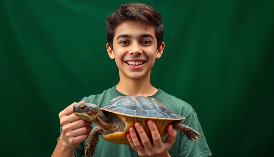 Box-Closing Turtle held by a smiling man in museum setting.