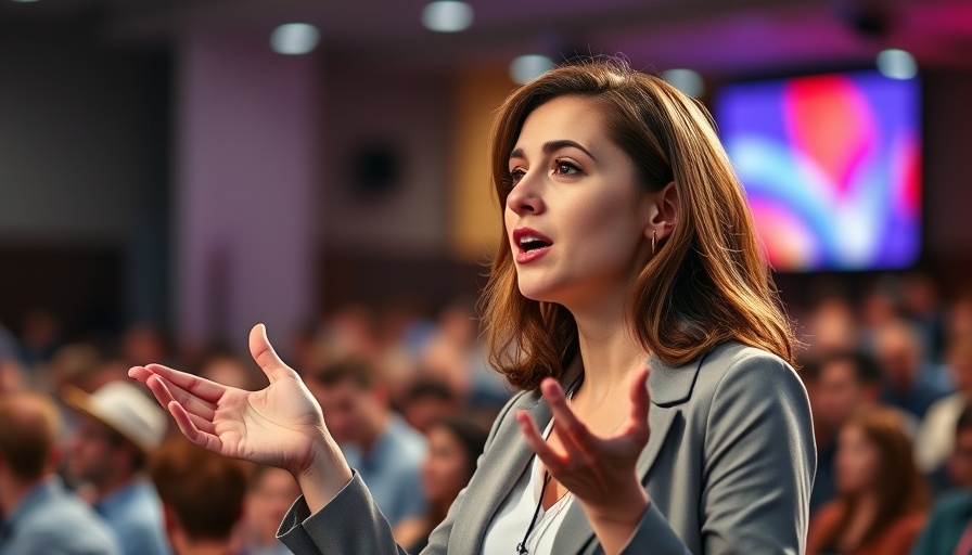 Confident young woman expressing new point of view on stage.