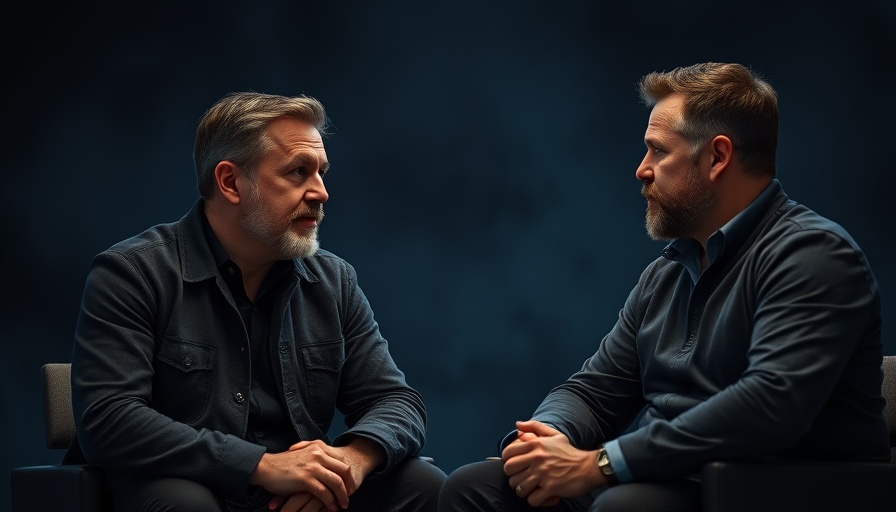 Discussion on trauma in Palestine, two men, dim studio setting.