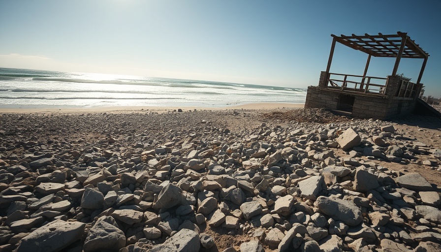 Israeli airstrike on Gaza beach aftermath with destroyed café and debris.