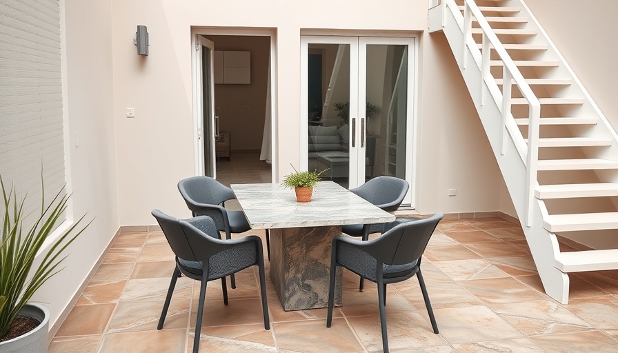 Modern small patio with stone table and chairs in real estate style.