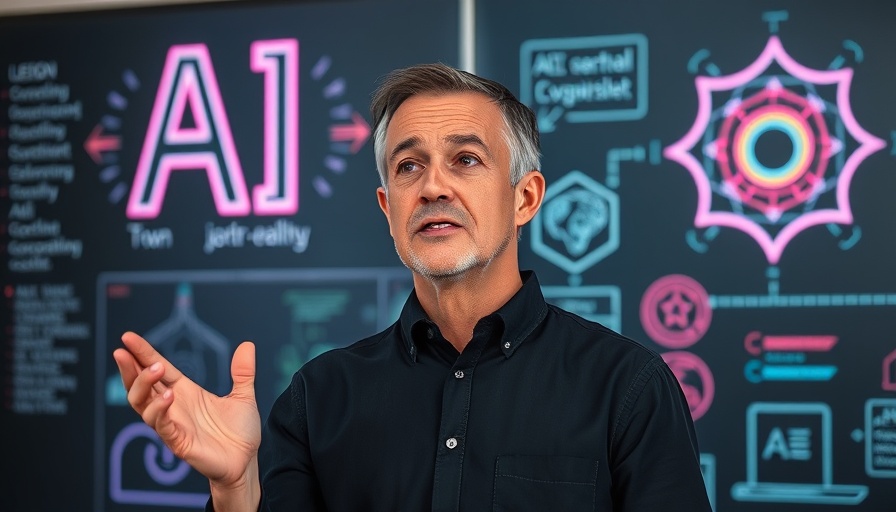 Middle-aged man explaining AI concepts with neon diagrams, AI policy and governance for Africa discussion.