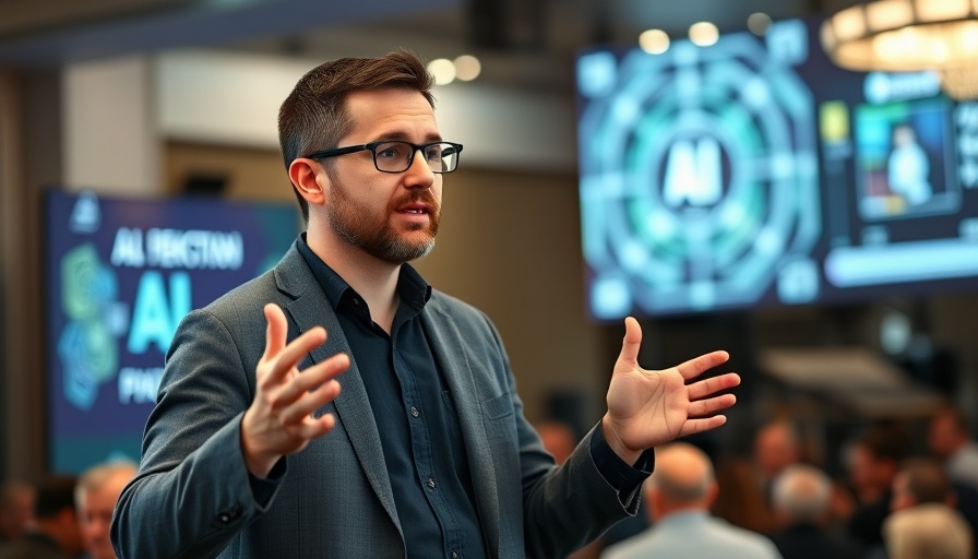 Tech speaker explaining AI concepts at a conference.