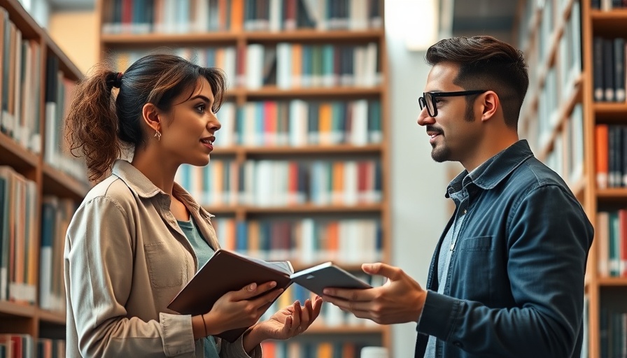 Two people discussing technology in a modern library setting.