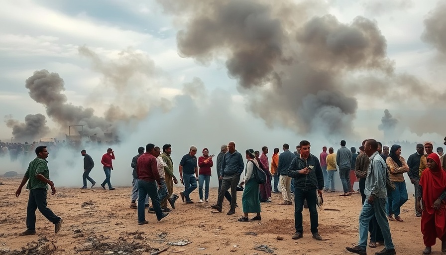 Chaotic aid site in Gaza amidst smoke, highlighting humanitarian aid efforts.