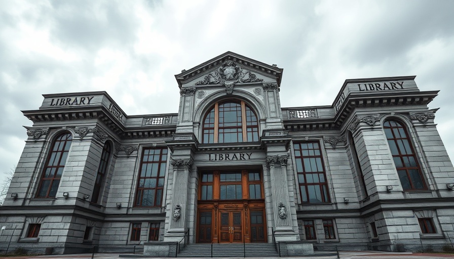 Imposing library facade symbolizing access to banned books, overcast sky.