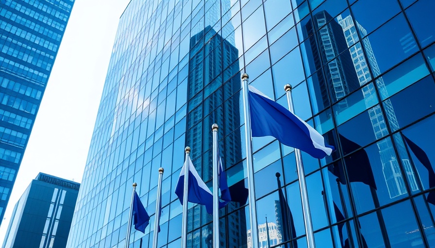 Modern glass building with Zenith logo, flags, daylight.