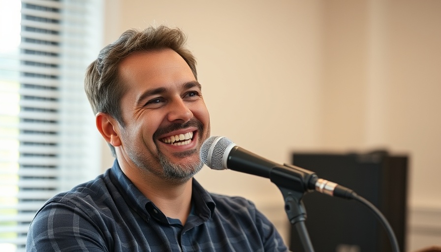 Smiling person talking with a microphone indoors